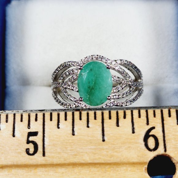 Emerald and White Zircon fancy openwork ring in Rhodium over 925 SS 2.08ct sz 8 - Picture 2 of 5